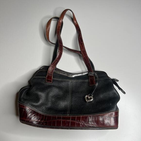 Brighton Black Pebbled Leather Tote Shoulder Bag – Brown Croc-Embossed Trim - Picture 1 of 11